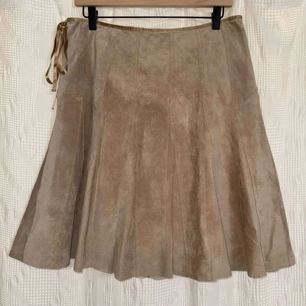 Context Suede Leather Paneled Skirt Tan Boho Western Academia Neutral Size 10
